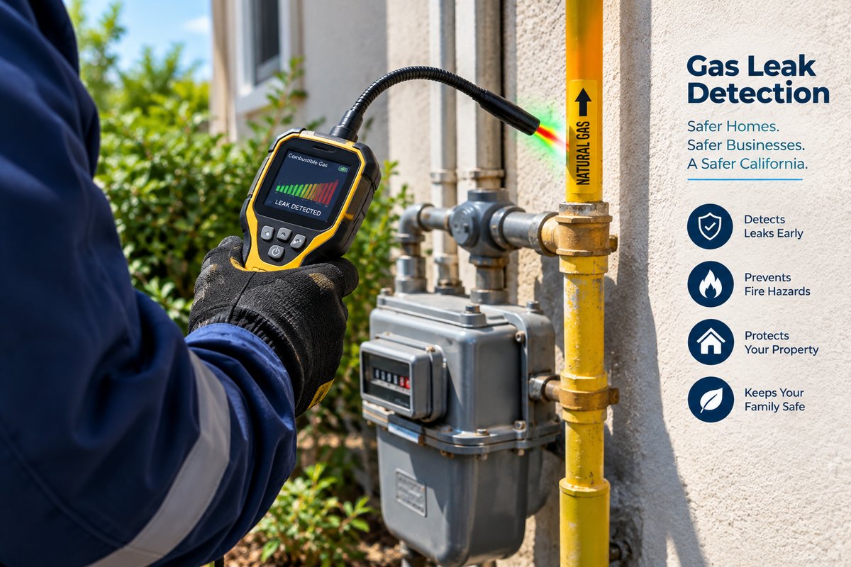 Technician using a combustible gas detector on a natural gas meter, with the device showing a leak detected