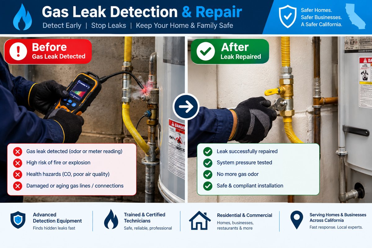 Before and after comparison of a gas leak detection and repair job at a water heater gas line