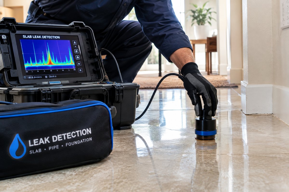 Slab leak detection equipment displaying a spectral analysis graph while a technician tests a tile floor